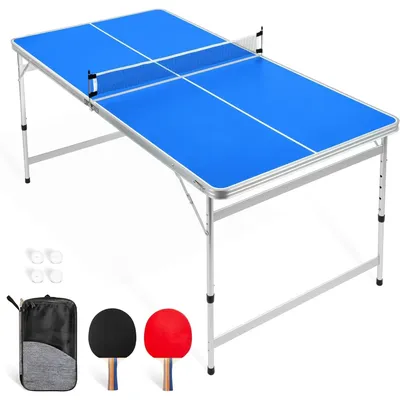 Table Tennis Table, 6 X 3 Ft Mid-Size Set with Adjustable Height, Bring Two Rackets and Four Balls,