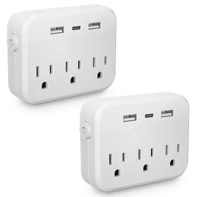 2 packs，US-Switch with surge protector Mini Portable Power socket 6-in-1 Multifunctional 3 sockets 2