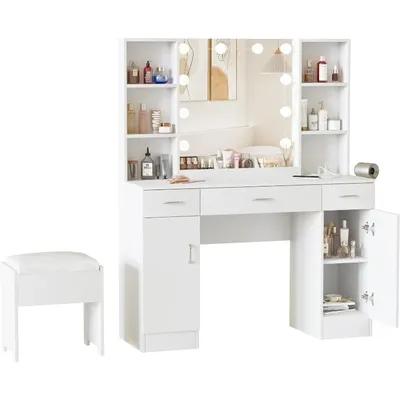 Makeup Vanity Table with Lighted Mirror & Power Strip, Large Vanity Set Vanity Desk with Lots