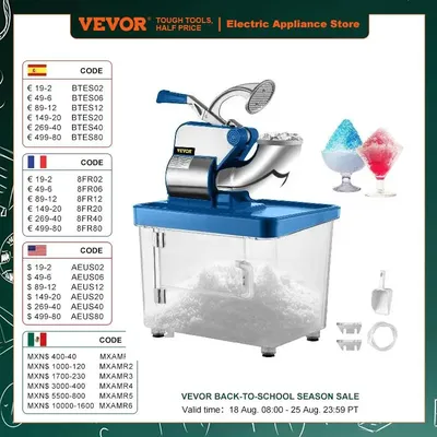 VEVOR Electric Snow Cone Machine Ice Shaver Crusher Granizing Glass Blender Mixer Chopper Stainless