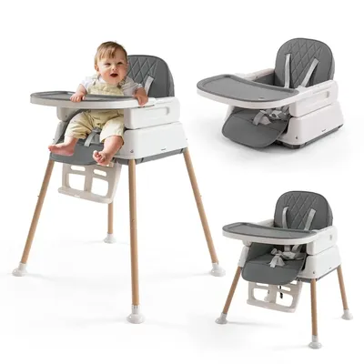 3-in-1 Convertible Baby High Chair with Adjustable Feeding Tray, 5 Point Harness, Footrest -