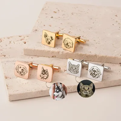 Custom Cuff Links Personalized Pet Portrait Cufflinks Engraved Pet Name Pendant Memorial Photo Cuff