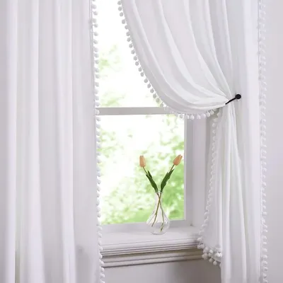 White Velvet Curtains for Bedroom Pompom Window Curtain Panels for Kids Girls Room Décor 95inches