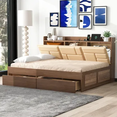 Full Size Wood Daybed with Upholstered Storage Shelves, USB Ports and 2 Drawers, Wood Color