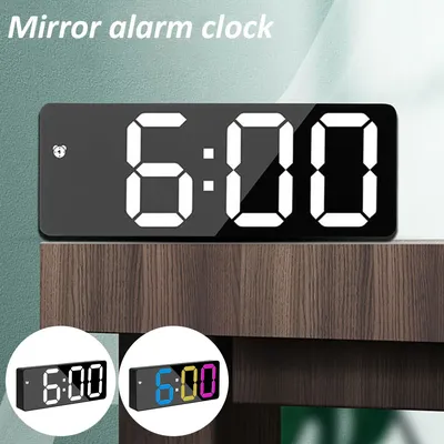 Digital Alarm Clock 6.3" LED Mirror Clock with Snooze Time Date Voice Control Time Memory Function