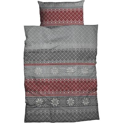 Bettwäsche CASATEX "Moldau", rot (silber, rot), B/L: 155cm x 220cm, , Biber, B/L: 80cm x 80cm, Biber, Obermaterial: 100% Baumwolle, Bettwäsche, norwegisches Muster, Schneekristalle, rustikales und elegantes Design Image