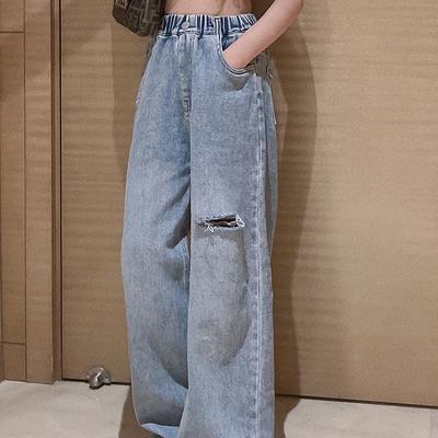 TEMU Slightly Ripped Jeans For Girls, Comfy Loose Pull-on Casual Denim Trousers, Girls Clothing For Daily Wear