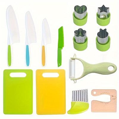 TEMU Kids Kitchen Tools Set Of 13, Real Cooking Supplies For Toddlers, Safe Knife Set For Children Ages 8-12, Child-friendly Plastic Knives, Cutting Boards, Peeler, Scissors & Cookie Cutters