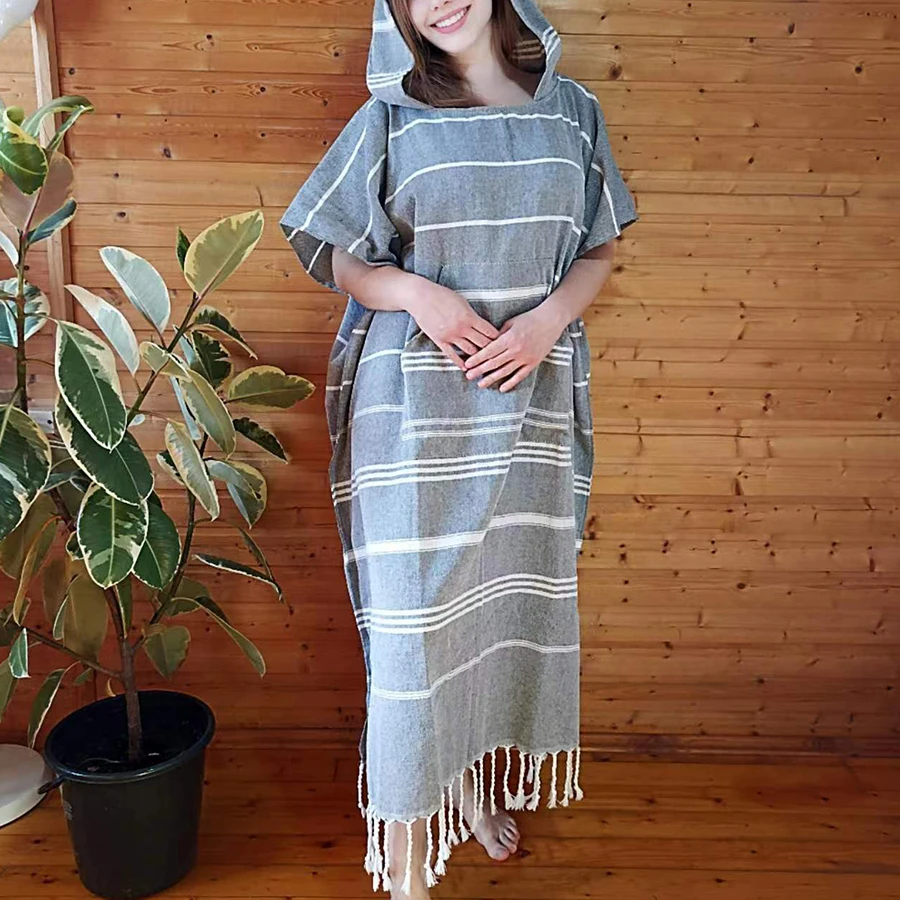 YEUZLICOTTON Tragbares türkisches Strandtuch, sanddicht, 100 % Baumwolle, großer Surf-Poncho, Robe, Kapuzen-Neoprenanzug, Wickeltuch, schnell trocknend Image