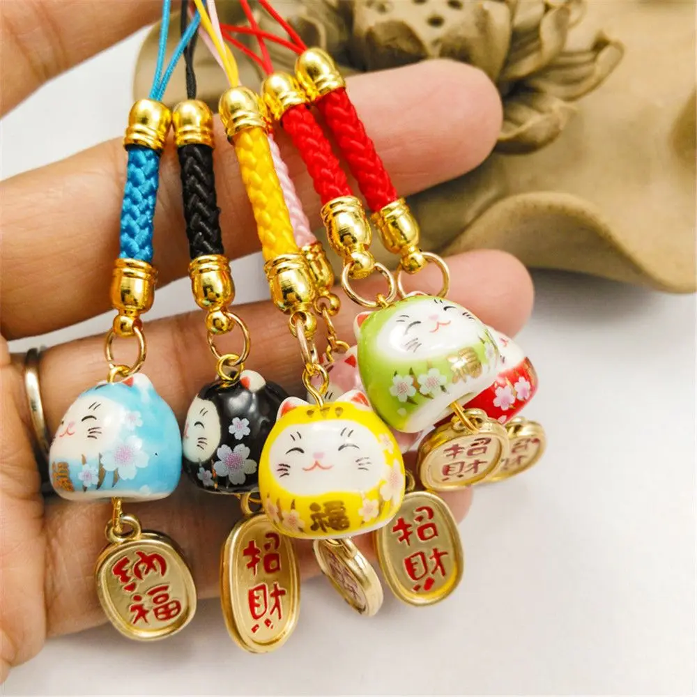 Keramik Glückliche Katze Handy Anhänger Bunte Tasche Zubehör Hohe Qualität Telefon Schlüssel Riemen Japanische Schlüsselbund Seil Dekor Image