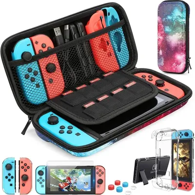 Tragbare Switch-Hülle für Nintendo Switch-Hülle mit Displayschutzfolie, 9-in-1 Nintendo Switch-Zubehörset und 6 Daumengriffen
