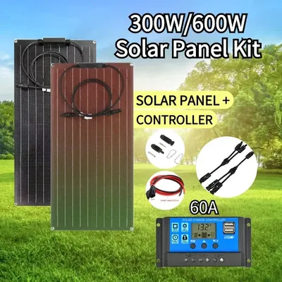 Flexible Solar Panel Kit 300W PV Module 600W+12V/24V Controller Solar Cable Cell for Home Outdoor Car Boat Battery Camping Trip