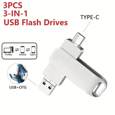 3PCS 3-in-1 USB Flash Drive 128GB 64GB 32GB 16GB 8GB, USB 2.0 High Speed U Disk, Type-C Metal Pen