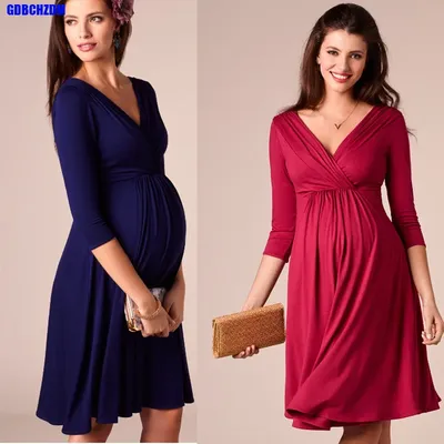 Dresses For Women Pregnant Dresses Maternity V-neck Three Quarter Sleeve Pleated Beautiful Clothes