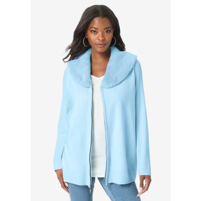 Plus Size Women's Faux Fur Collar Cardigan Sweater. by Roaman's in Ice Blue (Size 30/32)