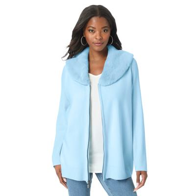 Plus Size Women's Faux Fur Collar Cardigan Sweater. by Roaman's in Ice Blue (Size 22/24)