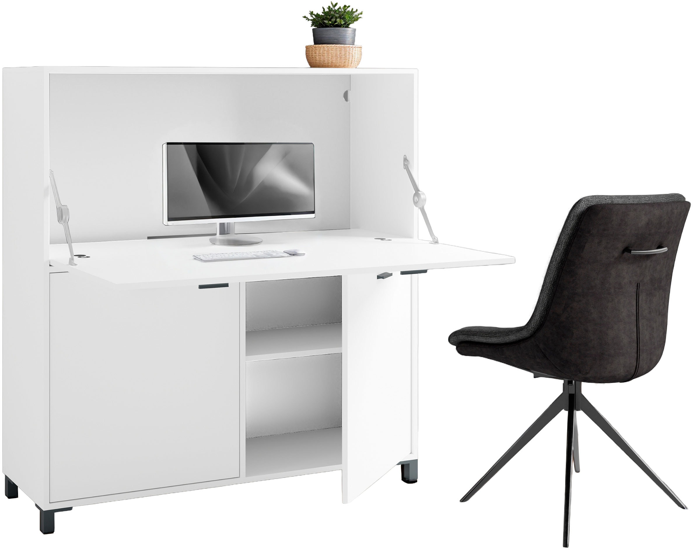 Sekretär BYLIVING "Montana", weiß, B:120cm H:127cm T:40cm, Sekretäre, platzsparende Arbeitslösung mit viel Stauraum, Breite 120 cm