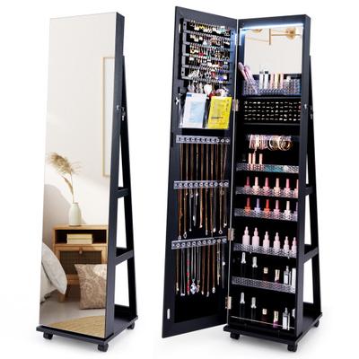 Costway 64 Inches Lockable Jewelry Cabinet Armoire with Built-in Makeup Mirror-Black