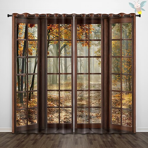 Perforierte Verdunkelungsvorhänge für Fenster, Wald, schöne Landschaft, Isolierung, Außenbalkon, Ruhe, Wohnzimmer, Heimdekoration, 2-teiliges Set, 3D-Digitaldruck Image