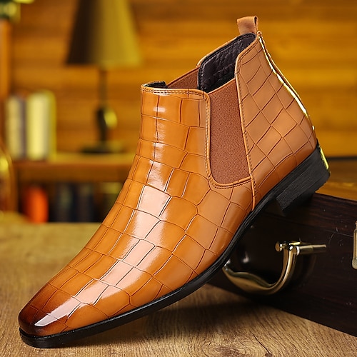 Schwarze Chelsea-Stiefel aus Kunstleder mit Krokodilmuster für Herren – elegante Schlupfstiefeletten für formelle Anlässe und Business Image