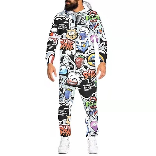 Herren Hausanzug Overall Pyjamas-Einteiler Blätter Einfach Casual Komfort Heim Täglich Baumwolle Komfort Atmungsaktiv Kapuzenpullover Langarm Tasche Herbst weißes Puder Schwarz Image