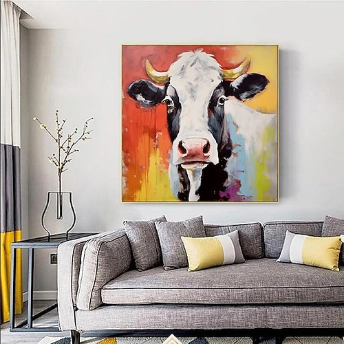 Ölgemälde mit Kuhtieren, 100 % handgemalt, strukturiertes Kuhgemälde, abstraktes, farbenfrohes Tierölgemälde, Wanddekoration, Kuhgemälde für Wohnzimmer, Bürodekoration, Wandkunst Image