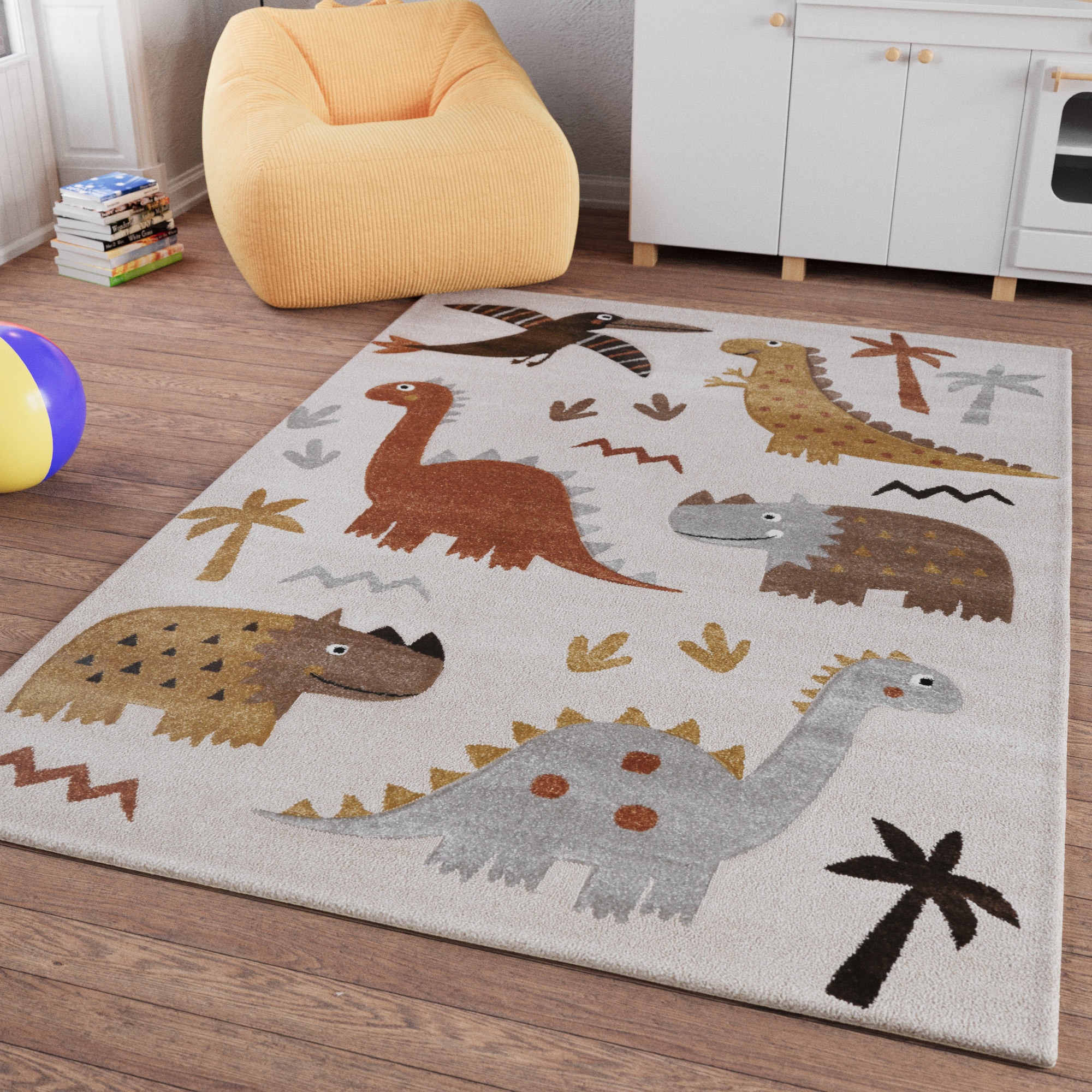 Kinderteppich SMART KIDS "T-Rex & Friends", beige (sand,beige,bunt), B:120cm H:10mm L:170cm, Polypropylen, Teppiche, Kinderteppich, Moderner Spielteppich, strapazierfähig, pflegeleicht, Konturenschnitt