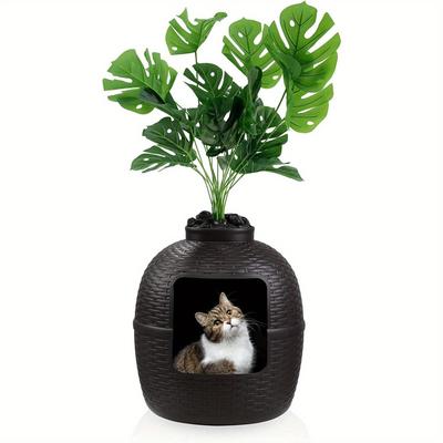 TEMU Royalcraft Hidden Litter Box With Faux Plant, Cat Litter Box Furniture With Rattan Pattern For Large Cat, Carbon Filter, Easy Assemble & Clean