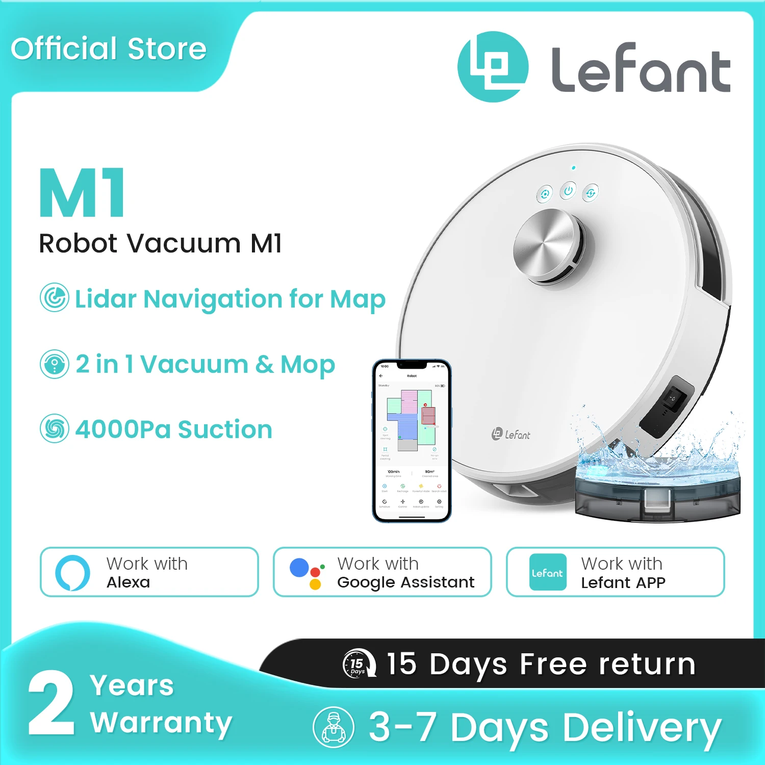 Lefant M1 LDS Roboter-Staubsauger mit Multi-Plane-Mapping, 4000 Pa Saugkraft, Zeitplan, App/Alexa-Steuerung, für Tierhaare Image
