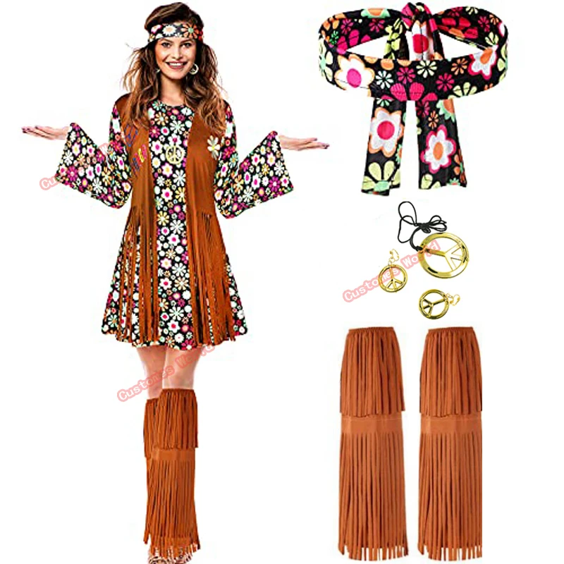 Hippie Kostüm Frauen Frieden Liebe Mädchen Party 60s 70s Hippie Bühne tragen Kostüm Indische Quasten Hippie Leistung Zubehör