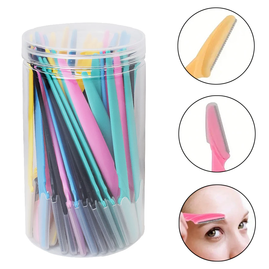 50Pcs/Flasche Augenbraue Rasierer Mit Behälter Gesichts Augenbraue Trimmer Im Fall Haar Entfernung Rasierer Sichere Klingen Trimmen werkzeuge Image