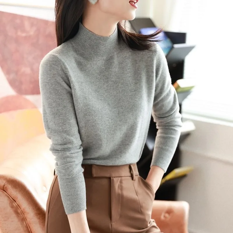 Frauen Solide Halb Hohen Kragen Kaschmir Pullover Herbst Winter Lose Gestrickte Wolle Casual Lange ärmeln Bodenbildung Pullover Top Hemd Image