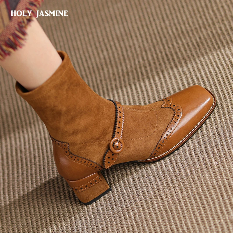 Neue Echtes Leder Frauen Stiefel Winter Stiefel Schnalle ZIP Brogues Retro Runde Kappe Starke Ferse Stiefeletten Mode Flock Frauen Schuhe