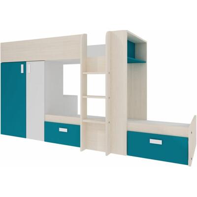 Etagenbett aus weißem Kiefernholz und Blau für zwei Kinder mit Kleiderschrank und unterem Image