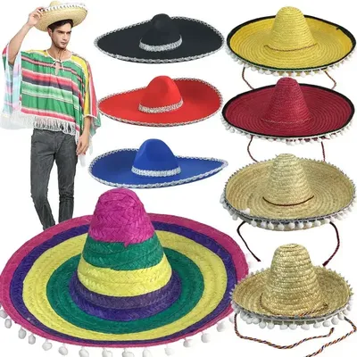 1 stücke handgemachte mexikanische Strohhut mit Pompon ideal für Cosplay Kostüm und Karneval Party Image