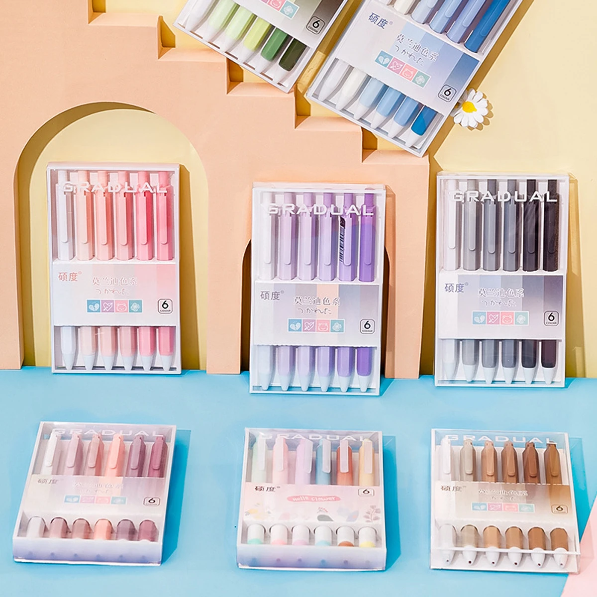 6-fach verpackte Gelstifte, 0,5 mm, ST-Stiftspitze, Gelstift, Morandi Color, schnell trocknender Schreibstift, Schule, Bürobedarf, Schreibwaren Image