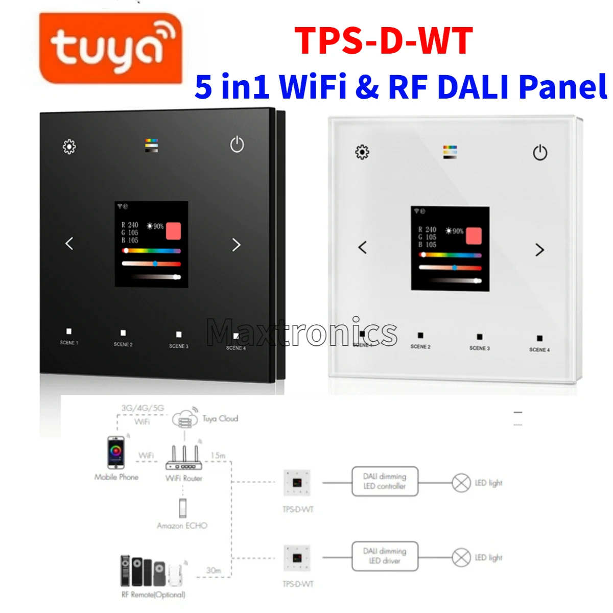 Dali 5 in1 wifi & rf wand montierte touch panel TPS-D-WT tuya app steuer AC100-240V für einfarbige cct rgb rgbw rgb + cct led-licht Image