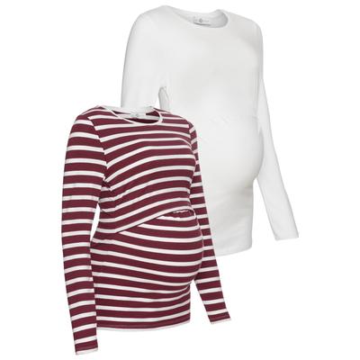 Umstandsshirt NEUN MONATE "2er Pack Shirts für Schwangerschaft und Stillzeit", Damen, Gr. 40/42, rot (weiß, bordeaux geringelt), Jersey, Obermaterial: 95% Baumwolle, 5% Elasthan, unifarben, geringelt, Basic, figurbetont hüftlang, Rundhals, Langarm...