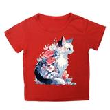 XYIJANI Tshirts Girls Summer Loose Casual Trendy Cute Cat Printed Short Sleeve T Shirt Top Tops (Red 130)