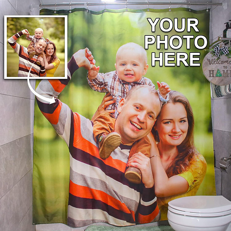 Personalized Photo Shower Curtain with 12 Hooks Custom Wedding Gift for Couple Bathroom Decor Fabric Waterproof Washable Upload Your Image Photo Picture for Bathroom Hotel