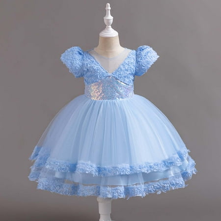 NAISIBABY Girls Princess Dress Formal Pageant Dress Bubble Sleeve Sequin Mesh Prom Maxi Dress Blue 150