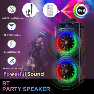 8.5inch Portable Bluetooth Speaker with Double Subwoofer Bass Party Speakers with Microphone Family