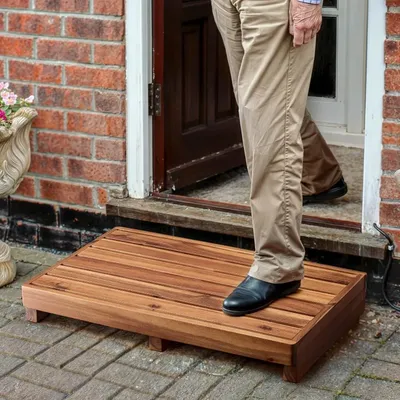 Acacia Wood High Riser Step Stool with Non-Slip Pads - Wooden Mobility Stepping Stools for Handicap,