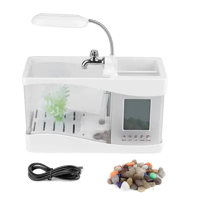 USB Rechargeable Mini Aquarium with LED Light, LCD Display & Clock - Multifunction Desktop Fish Tank