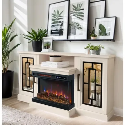 59 Inch LED TV Stand with 3-Side Glass Fireplace, Modern Media Entertainment Center Console Table