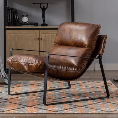 Modern PU Leather Accent Armchair, Upholstered Living Room Chair with Metal Base Thickened Cushion