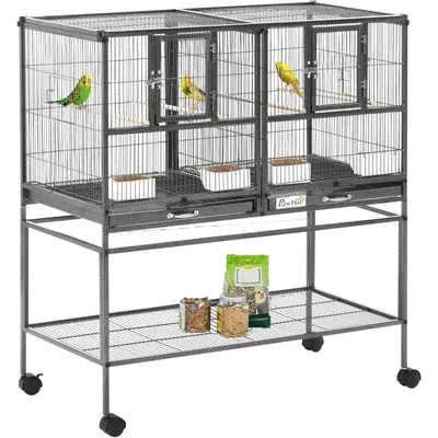 PawHut Divided Breeder Bird Cage with Rolling Stand Removable Metal Tray, Storage Shelf, Wood Perch,