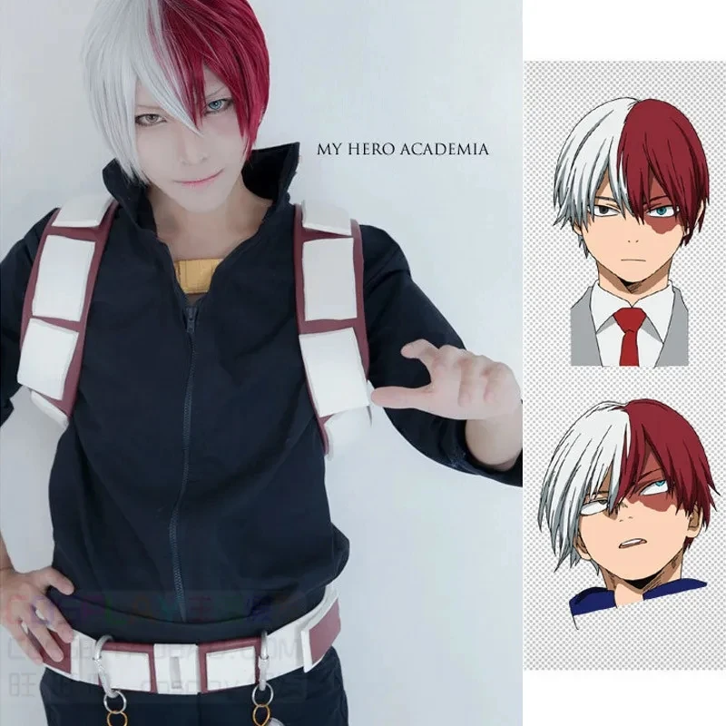 My Hero Academia Shoto Todoroki Cosplay Perücke Silber Weiß und Rot Kurze Perücke Boku no Hiro Academia Shouto Cosplay Kostümparty Image