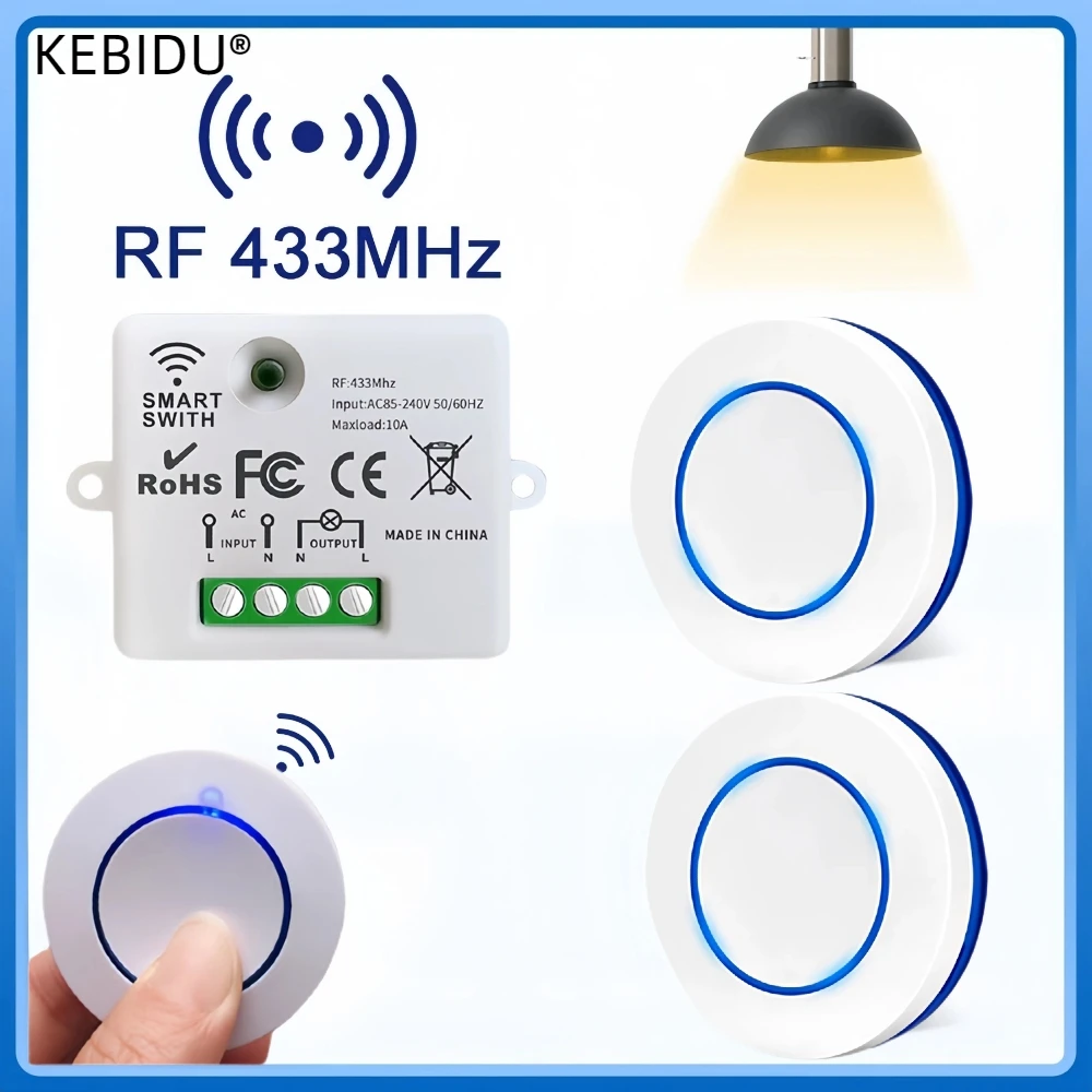 RF 433Mhz Drahtlose Fernbedienung Licht Schalter 10A Relais Controller Mini Runde Taste Wand Panel Schalter Für LED Lampe AC100-240V Image