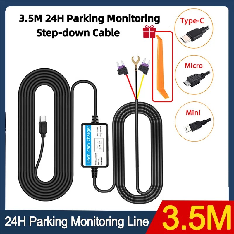 2,5 A 3,5 m 24H Parkplatz Auto Dash Cam DVR 12-24 V Hardwire Kabel Kit Step-Down Linie Mini/Micro/Typ-C USB Schnittstelle Ladegerät Image